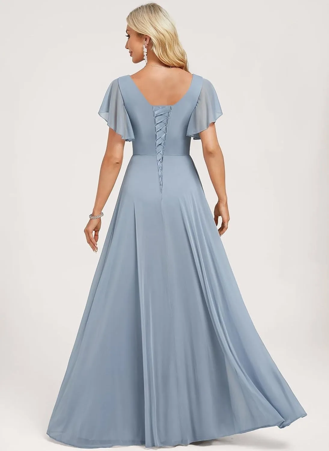 Square Neck Chiffon Long Bridesmaid Dresses with Slit Flutter Sleeve A-Line Formal Gowns for Women WO063