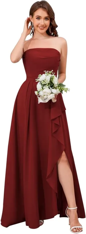 Strapless Chiffon Bridesmaid Dresses for Women Ruffle Ruched Long Evening Gown with Slit