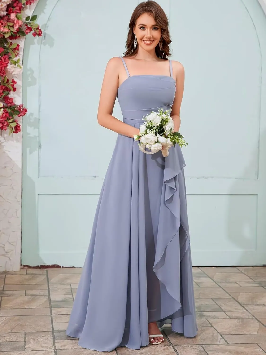 Strapless Chiffon Bridesmaid Dresses for Women Ruffle Ruched Long Evening Gown with Slit