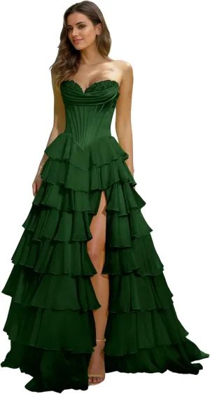 Strapless Corset Floral Prom Dresses for Women 2025 Long Tiered Ruffle Chiffon Formal Evening Gown with Slit EA033