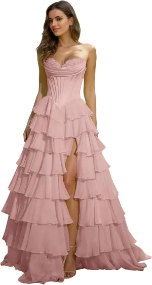 Strapless Corset Floral Prom Dresses for Women 2025 Long Tiered Ruffle Chiffon Formal Evening Gown with Slit EA033