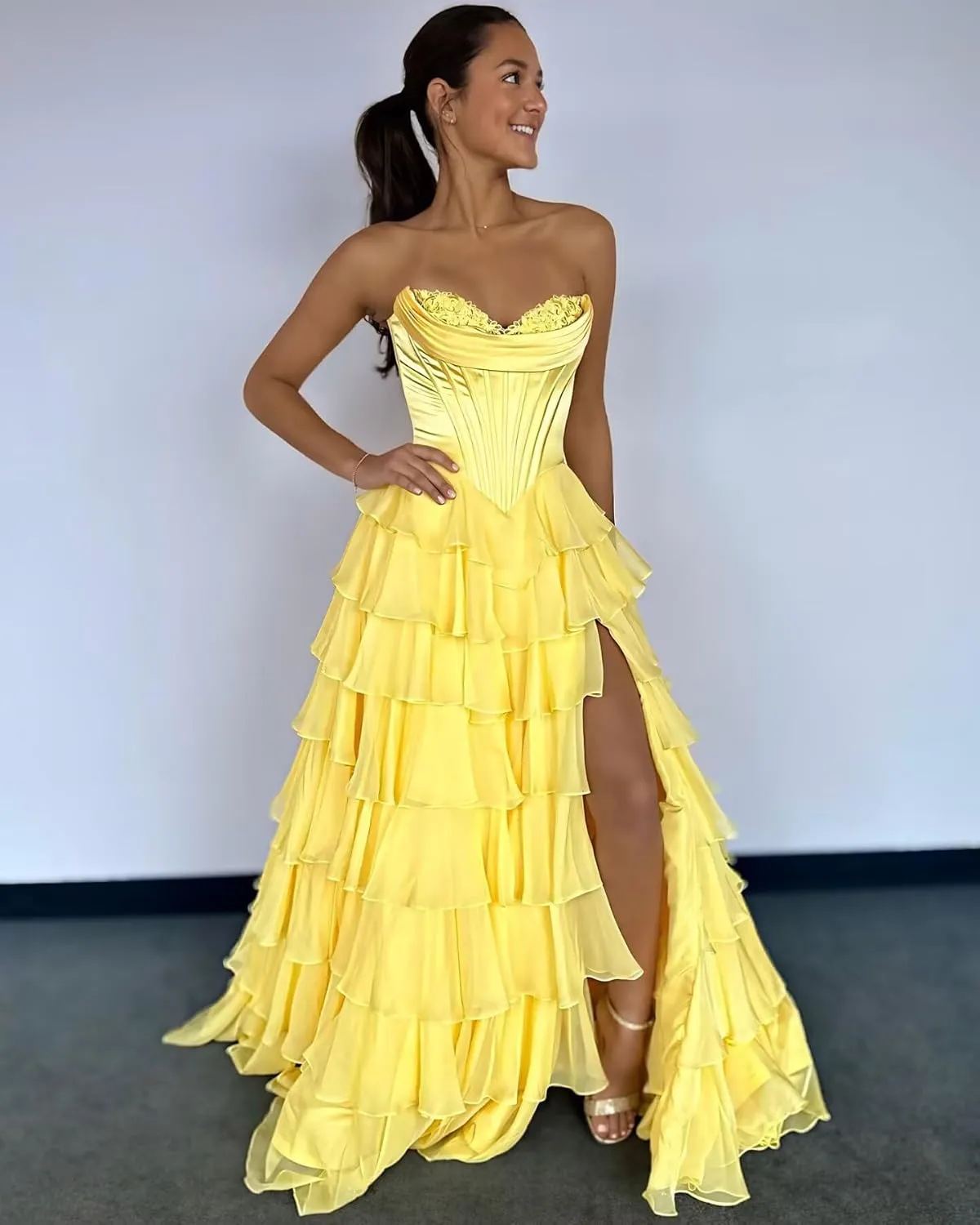 Strapless Corset Prom Dress Chiffon Tiered Ball Gown with Slit Ruffles Long 8th Graduation Gown ZD214