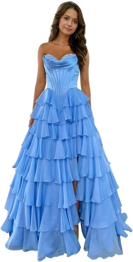 Strapless Corset Prom Dress Chiffon Tiered Ball Gown with Slit Ruffles Long 8th Graduation Gown ZD214