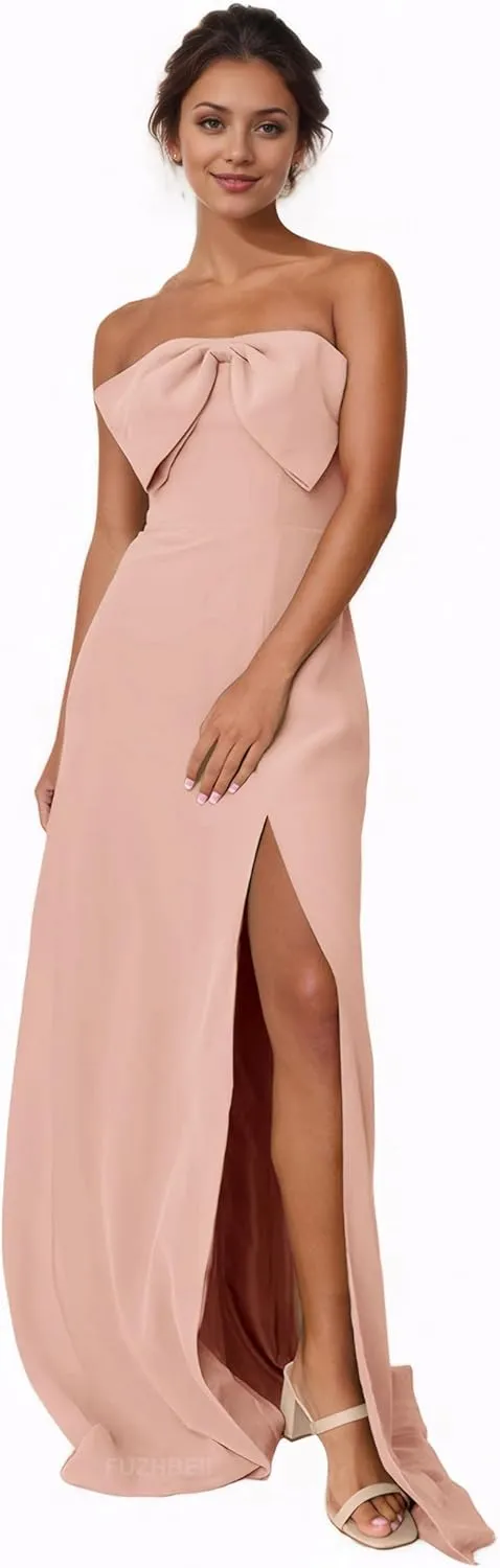 Strapless Prom Dress with Bow A Line Long Chiffon Formal Bridesmaid Dresses for Wedding Guest with Slit P133