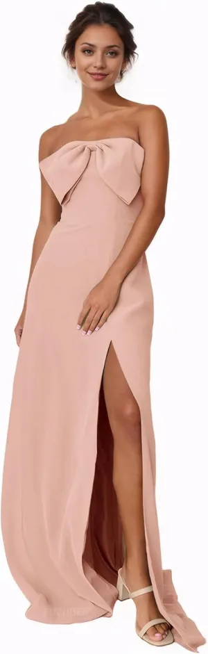 Strapless Prom Dress with Bow A Line Long Chiffon Formal Bridesmaid Dresses for Wedding Guest with Slit P133