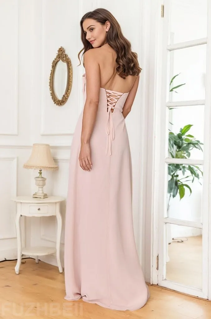 Strapless Prom Dress with Bow A Line Long Chiffon Formal Bridesmaid Dresses for Wedding Guest with Slit P133