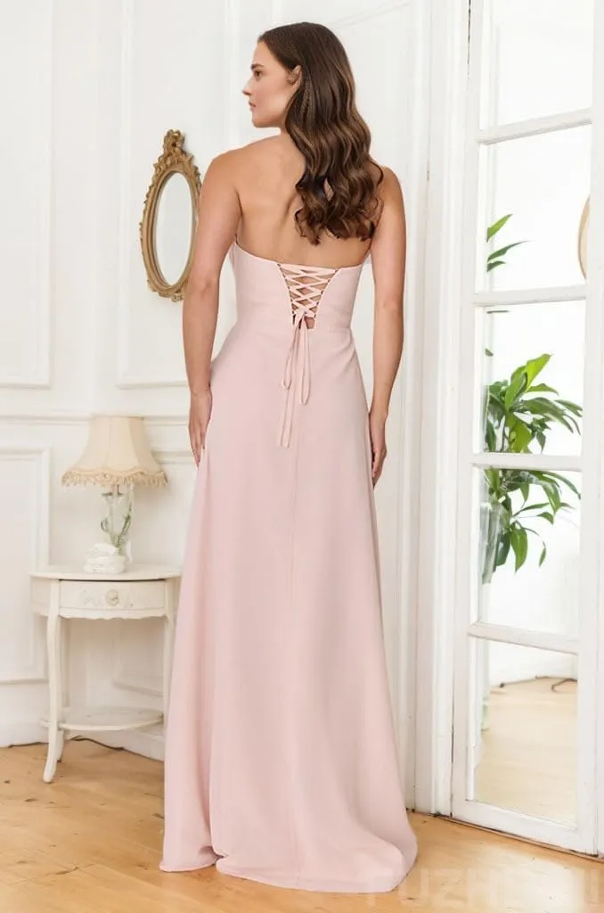 Strapless Prom Dress with Bow A Line Long Chiffon Formal Bridesmaid Dresses for Wedding Guest with Slit P133