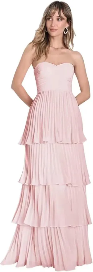 Strapless Prom Dresses for Women 2025 Tiered Bridesmaids Dresses Chiffon Ruffle Sweetheart Formal Party Gown