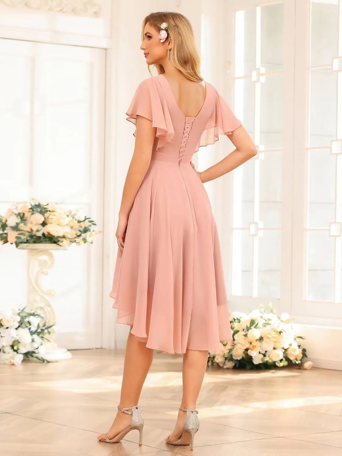Stylefun Women's V Neck Flutter Sleeves Bridesmaid Dresses A Line High Low Formal Party Dress CYM240