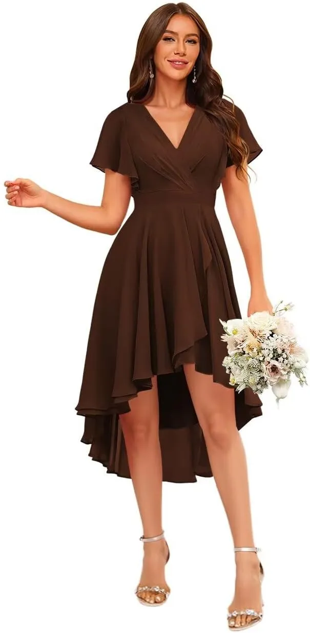 Stylefun Women's V Neck Flutter Sleeves Bridesmaid Dresses A Line High Low Formal Party Dress CYM240
