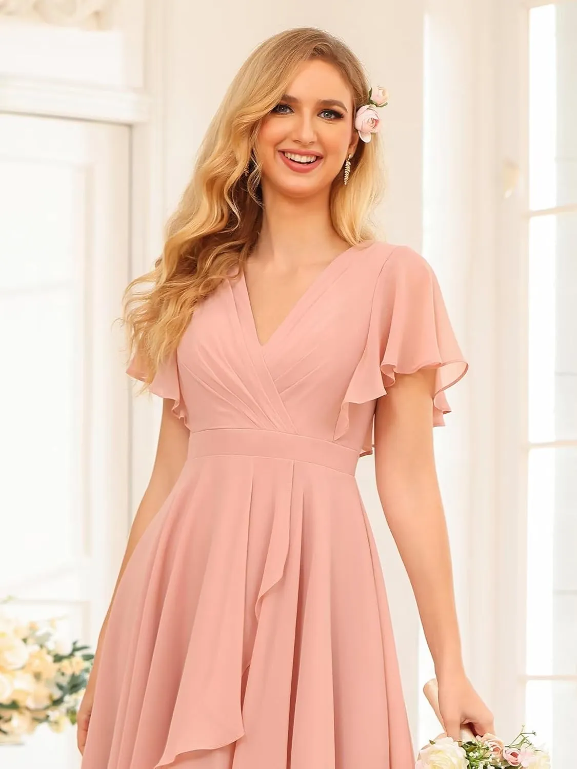 Stylefun Women's V Neck Flutter Sleeves Bridesmaid Dresses A Line High Low Formal Party Dress CYM240