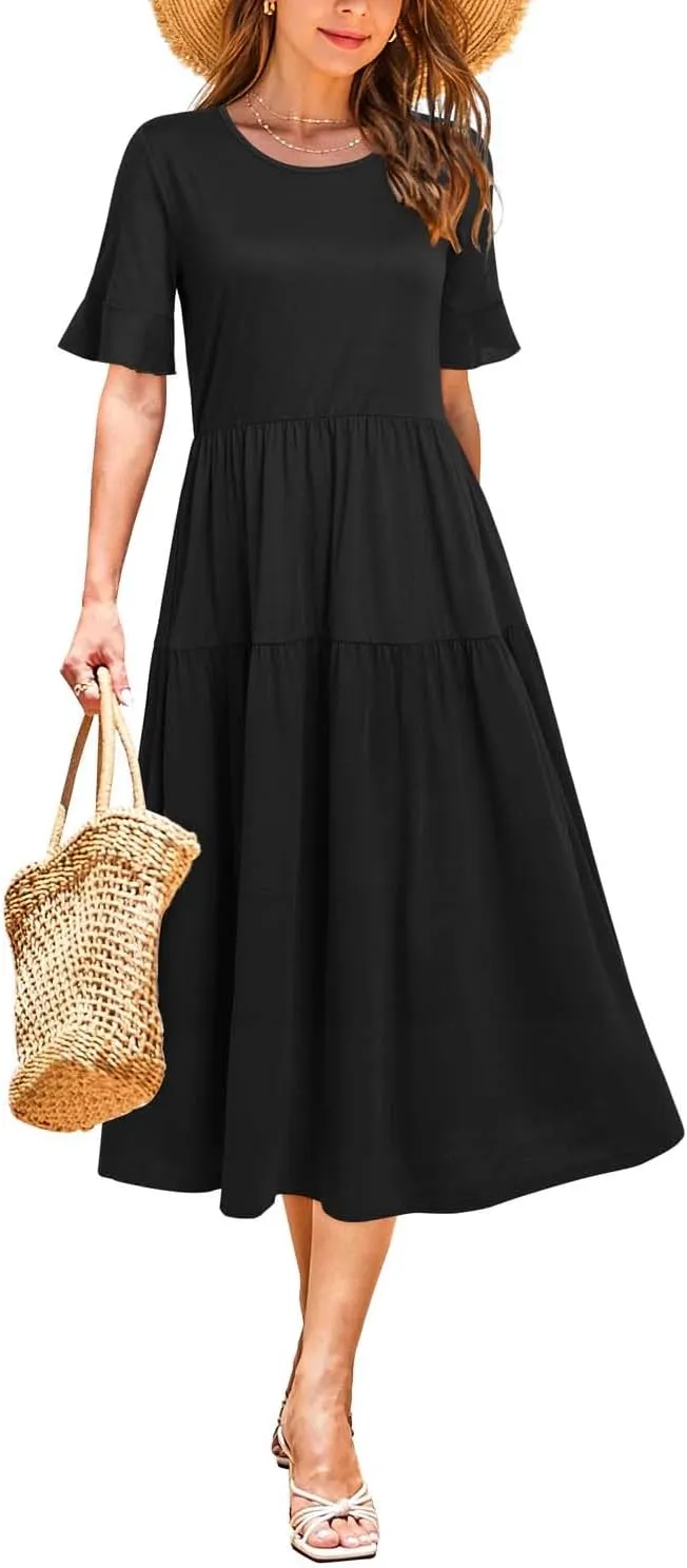 STYLEWORD Women's Summer 2025 Casual Short Sleeve Tiered Flowy Spring Dress Long Midi Beach Sundress Vacation Outfits