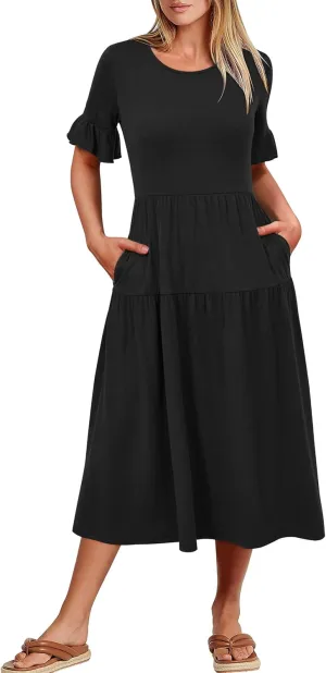 STYLEWORD Women's Summer 2025 Casual Short Sleeve Tiered Flowy Spring Dress Long Midi Beach Sundress Vacation Outfits