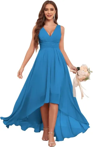 Sukleet Chiffon High Low Bridesmaid Dresses for Women with Pockets V Neck Ruched Formal Evening Dress