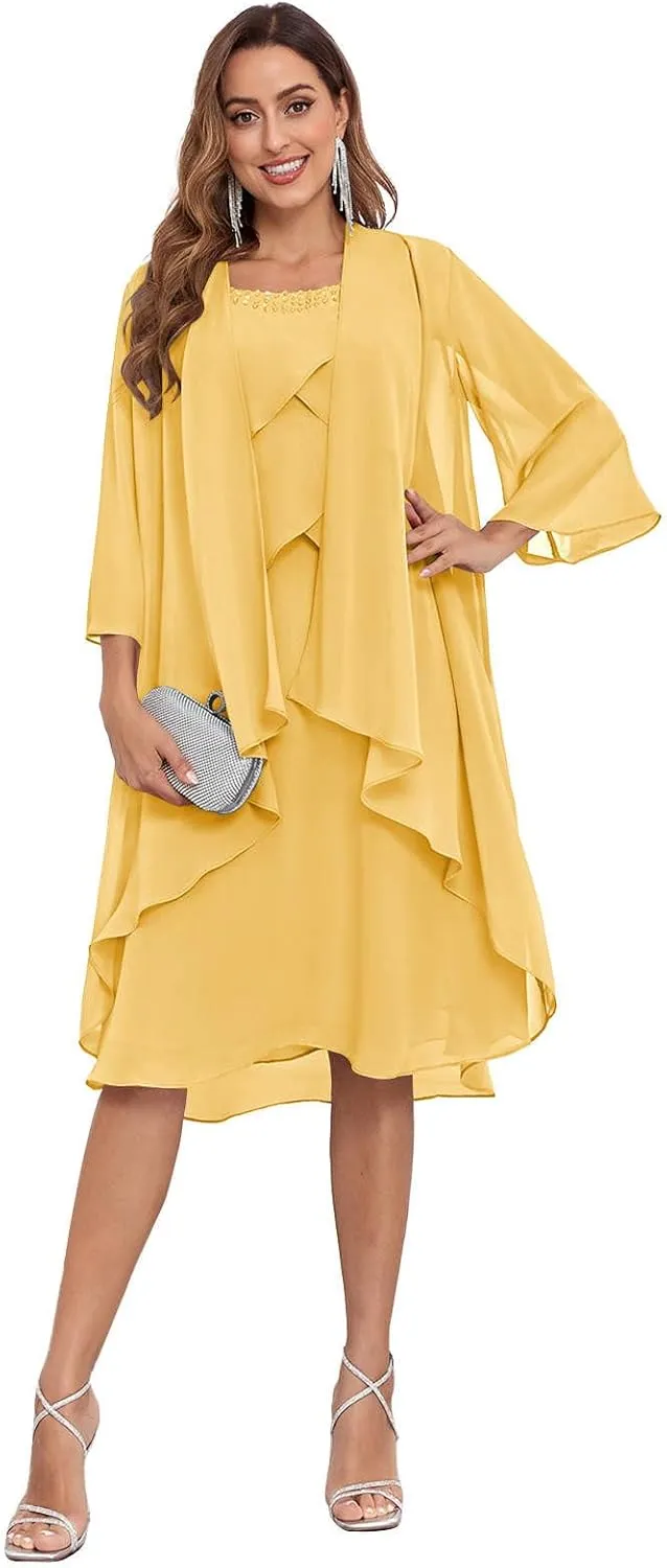 Sukleet Women's 2 Pieces Mother of the Bride Dresses with Jacket Ruffles Chiffon Short Formal Cocktail Dress