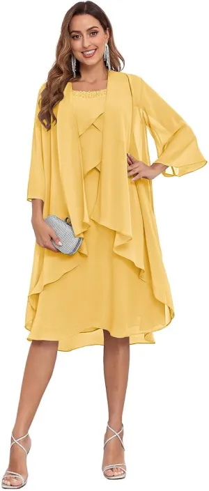 Sukleet Women's 2 Pieces Mother of the Bride Dresses with Jacket Ruffles Chiffon Short Formal Cocktail Dress