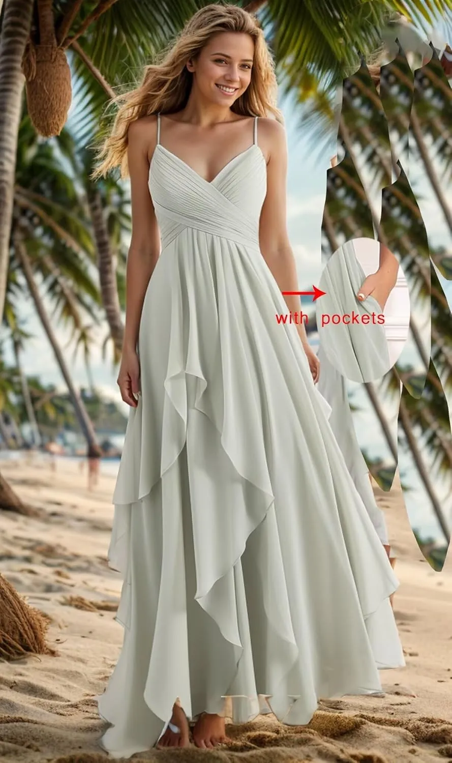 Sukleet Women's Spaghetti Strap Bridesmaid Dresses for Wedding V Neck Chiffon Ruched Long Formal Dress