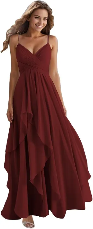 Sukleet Women's Spaghetti Strap Bridesmaid Dresses for Wedding V Neck Chiffon Ruched Long Formal Dress