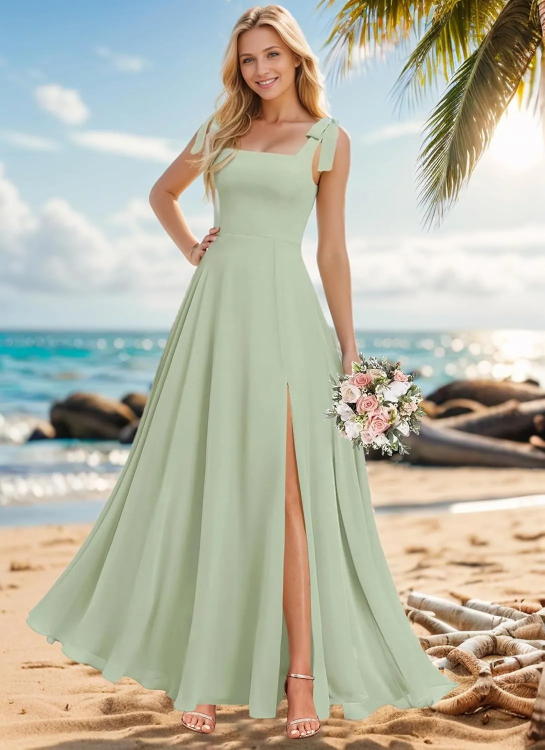 Sukleet Women's Square Neck Chiffon Bridesmaid Dresses for Wedding Long Formal Evening Dress with Slit