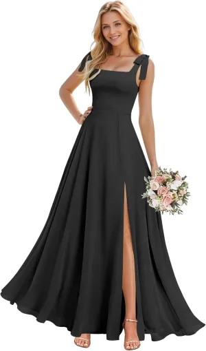 Sukleet Women's Square Neck Chiffon Bridesmaid Dresses for Wedding Long Formal Evening Dress with Slit