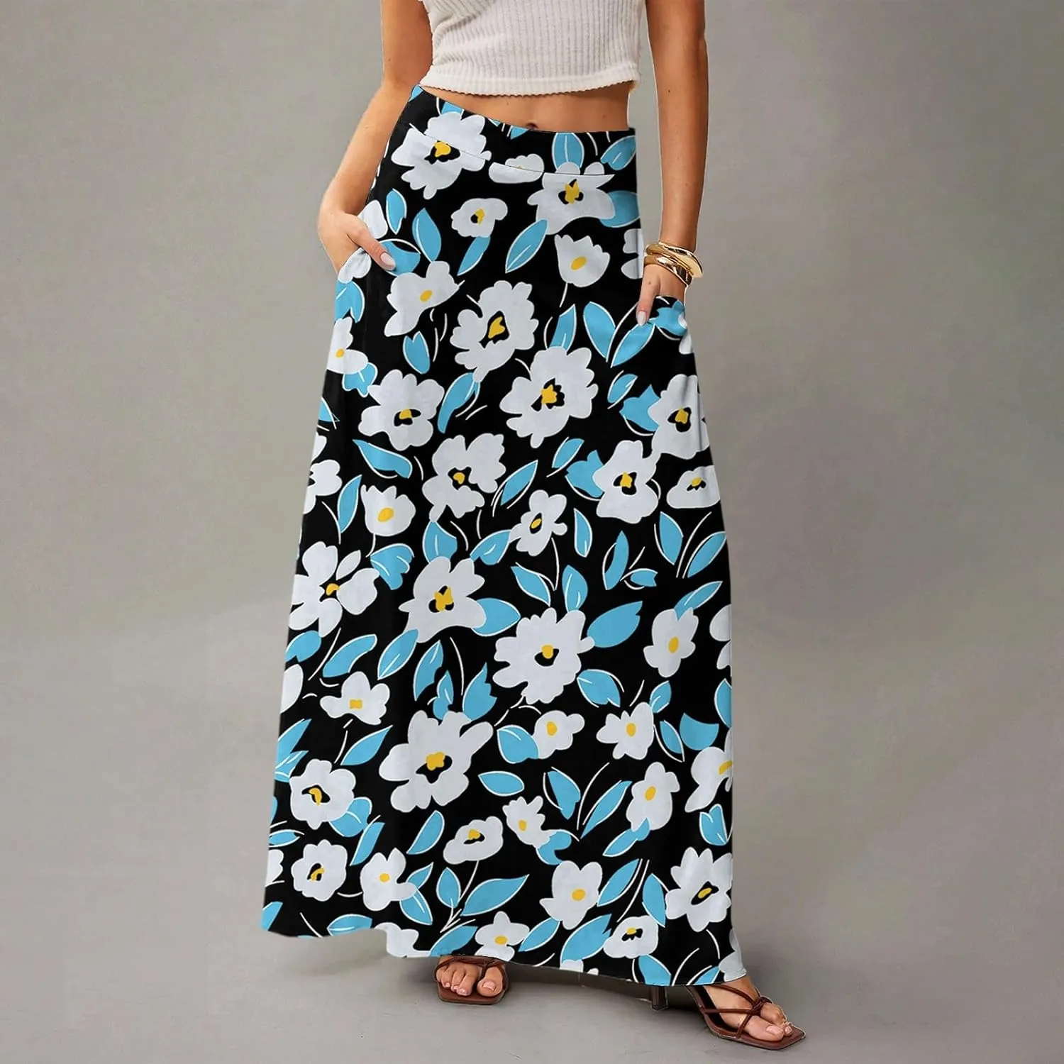 Summer Boho Floral Long Skirts for Women 2025 Casual Trendy A-Line Elastic High Waist Maxi Flowy Skirt with Pocket