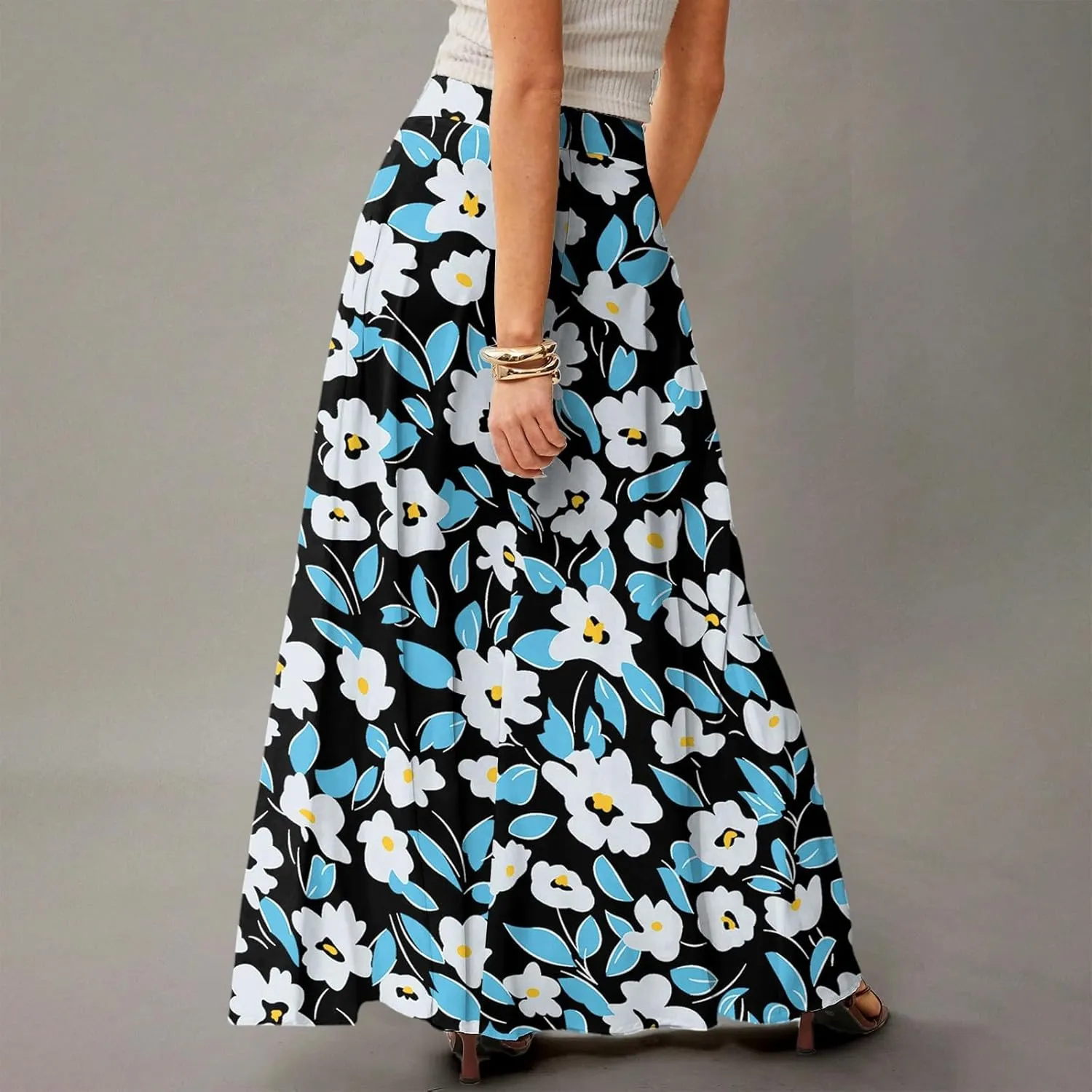 Summer Boho Floral Long Skirts for Women 2025 Casual Trendy A-Line Elastic High Waist Maxi Flowy Skirt with Pocket