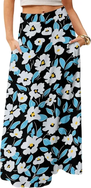 Summer Boho Floral Long Skirts for Women 2025 Casual Trendy A-Line Elastic High Waist Maxi Flowy Skirt with Pocket