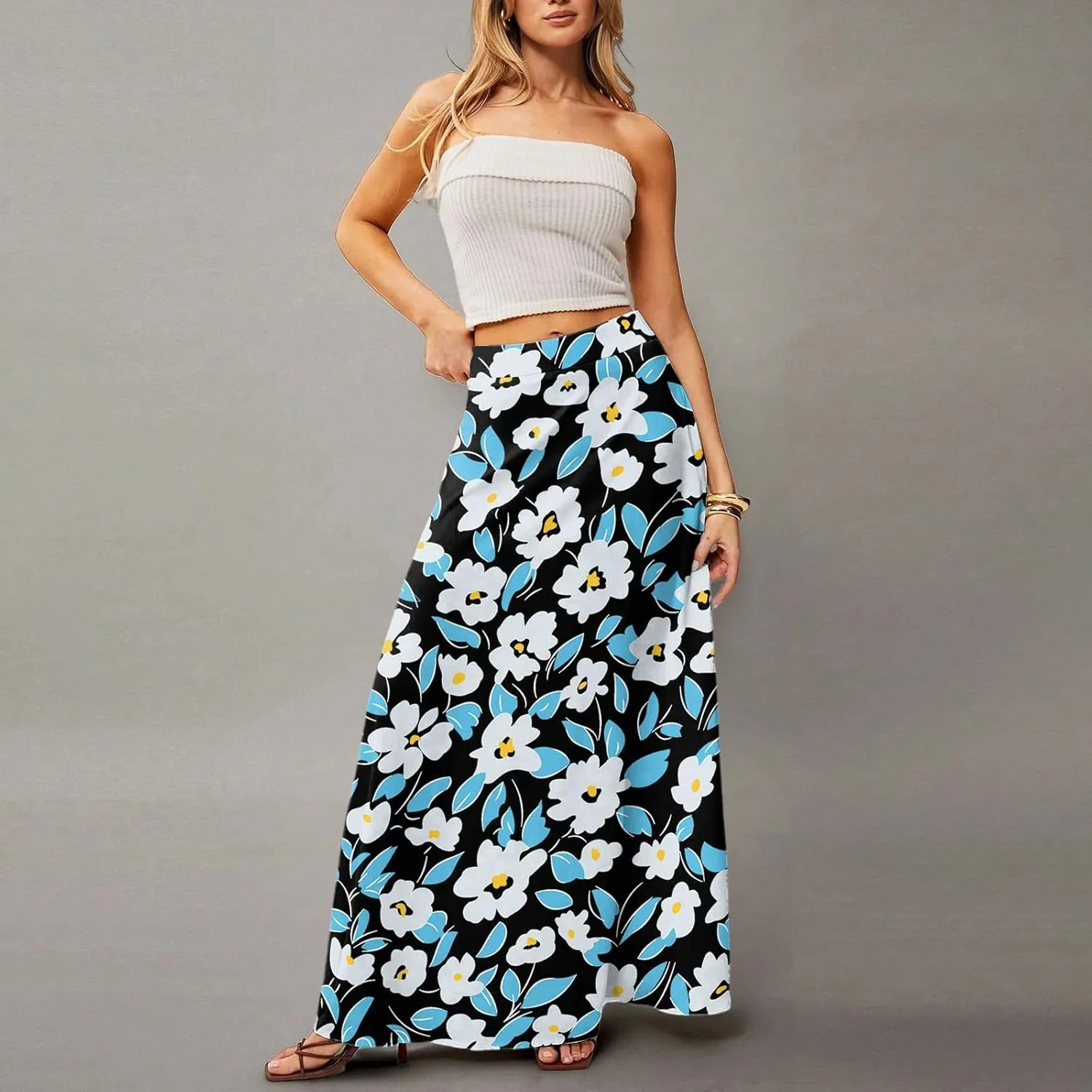 Summer Boho Floral Long Skirts for Women 2025 Casual Trendy A-Line Elastic High Waist Maxi Flowy Skirt with Pocket
