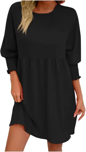 Summer Dress for Women Causal Party Round Neck 3/4 Length Puff Sleeve Midi Flowy Chiffon Dresses 2024 Fall Clothes