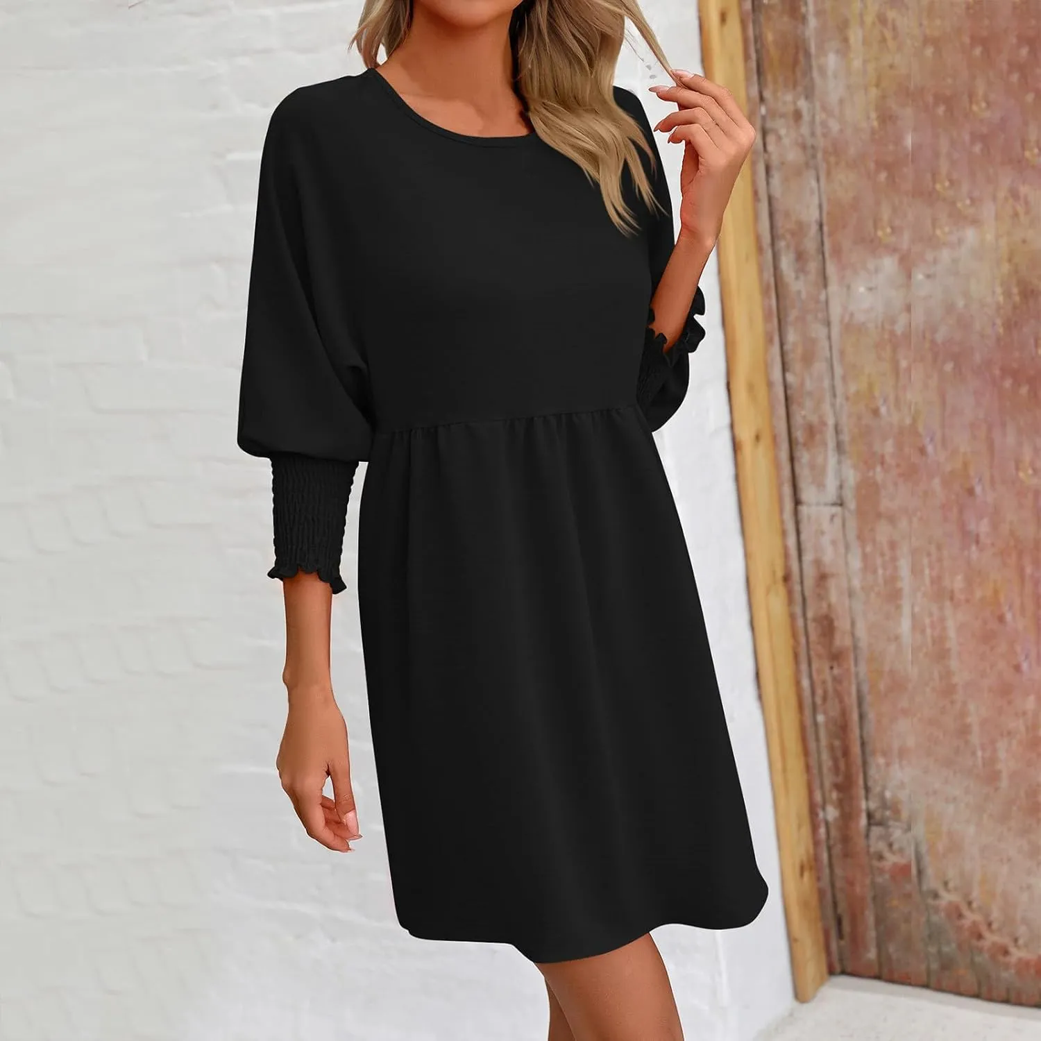 Summer Dress for Women Causal Party Round Neck 3/4 Length Puff Sleeve Midi Flowy Chiffon Dresses 2024 Fall Clothes