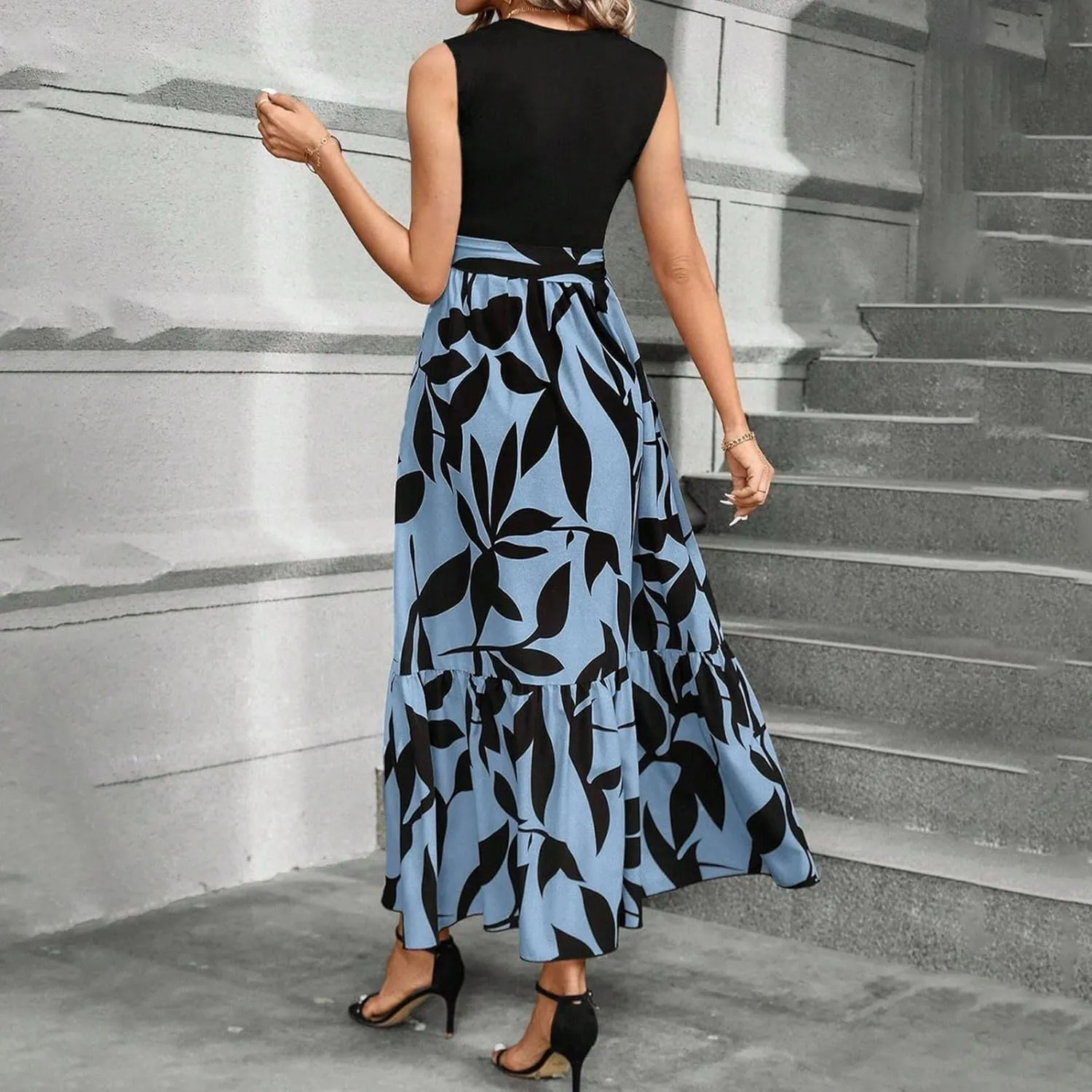Summer Dresses for Women 2025 Elegant Classy Floral Boho Long Maxi Dress Empire Waist Flowy Swing Sundress with Belt