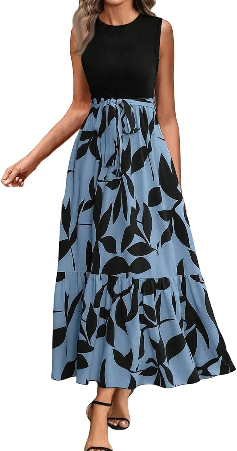 Summer Dresses for Women 2025 Elegant Classy Floral Boho Long Maxi Dress Empire Waist Flowy Swing Sundress with Belt