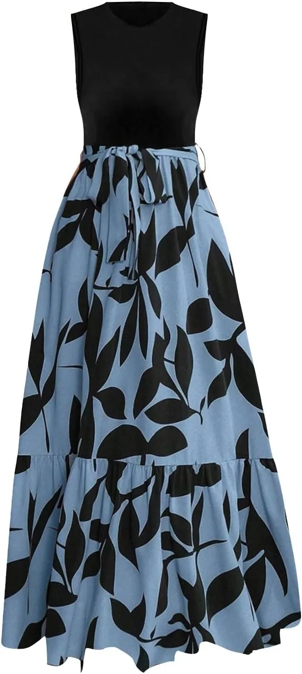 Summer Dresses for Women 2025 Elegant Classy Floral Boho Long Maxi Dress Empire Waist Flowy Swing Sundress with Belt