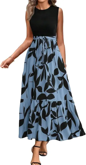 Summer Dresses for Women 2025 Elegant Classy Floral Boho Long Maxi Dress Empire Waist Flowy Swing Sundress with Belt