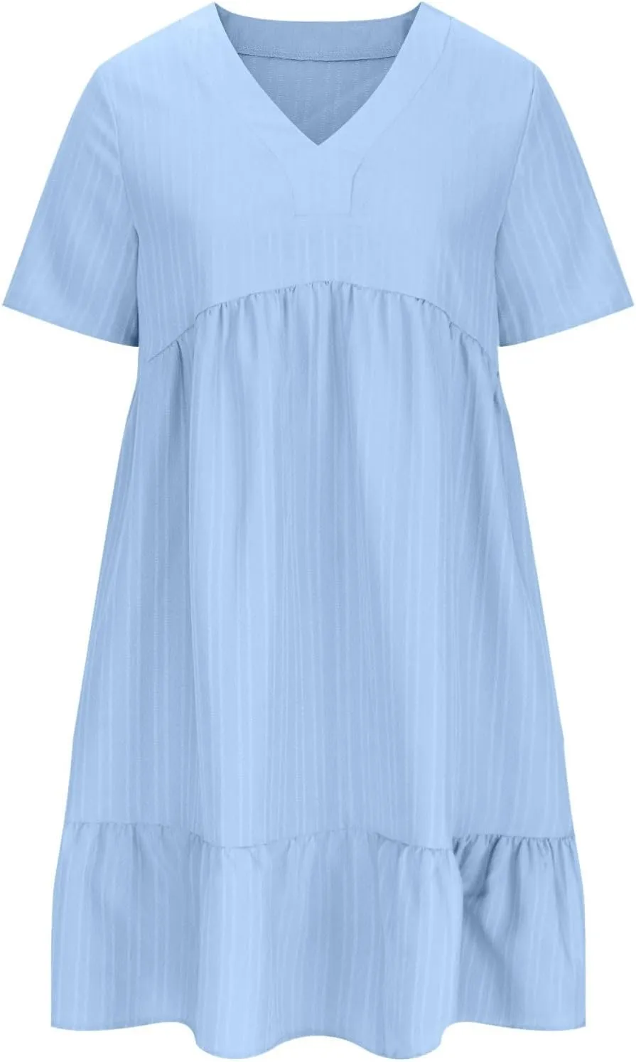 Summer Dresses for Women 2025 Short Sleeve v Neck T Shirt Mini Dress Pleated Ruffle Flowy Beach Vacation Sundresses