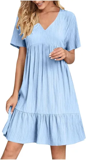 Summer Dresses for Women 2025 Short Sleeve v Neck T Shirt Mini Dress Pleated Ruffle Flowy Beach Vacation Sundresses