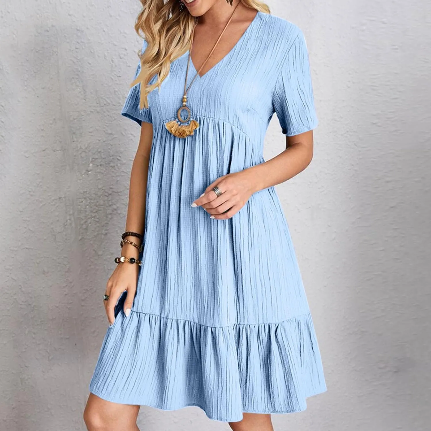 Summer Dresses for Women 2025 Short Sleeve v Neck T Shirt Mini Dress Pleated Ruffle Flowy Beach Vacation Sundresses