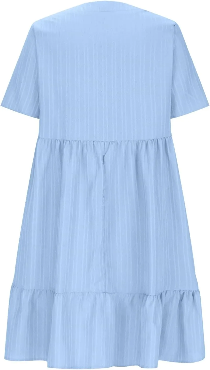 Summer Dresses for Women 2025 Short Sleeve v Neck T Shirt Mini Dress Pleated Ruffle Flowy Beach Vacation Sundresses