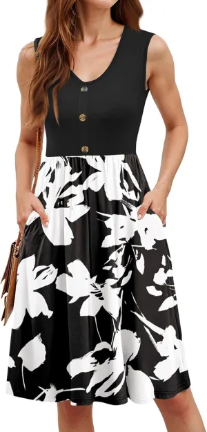 Summer Dresses for Women 2025 Sleeveless Elegant Floral Midi Dress Knee Length V Neck A Line Dress with Pockets