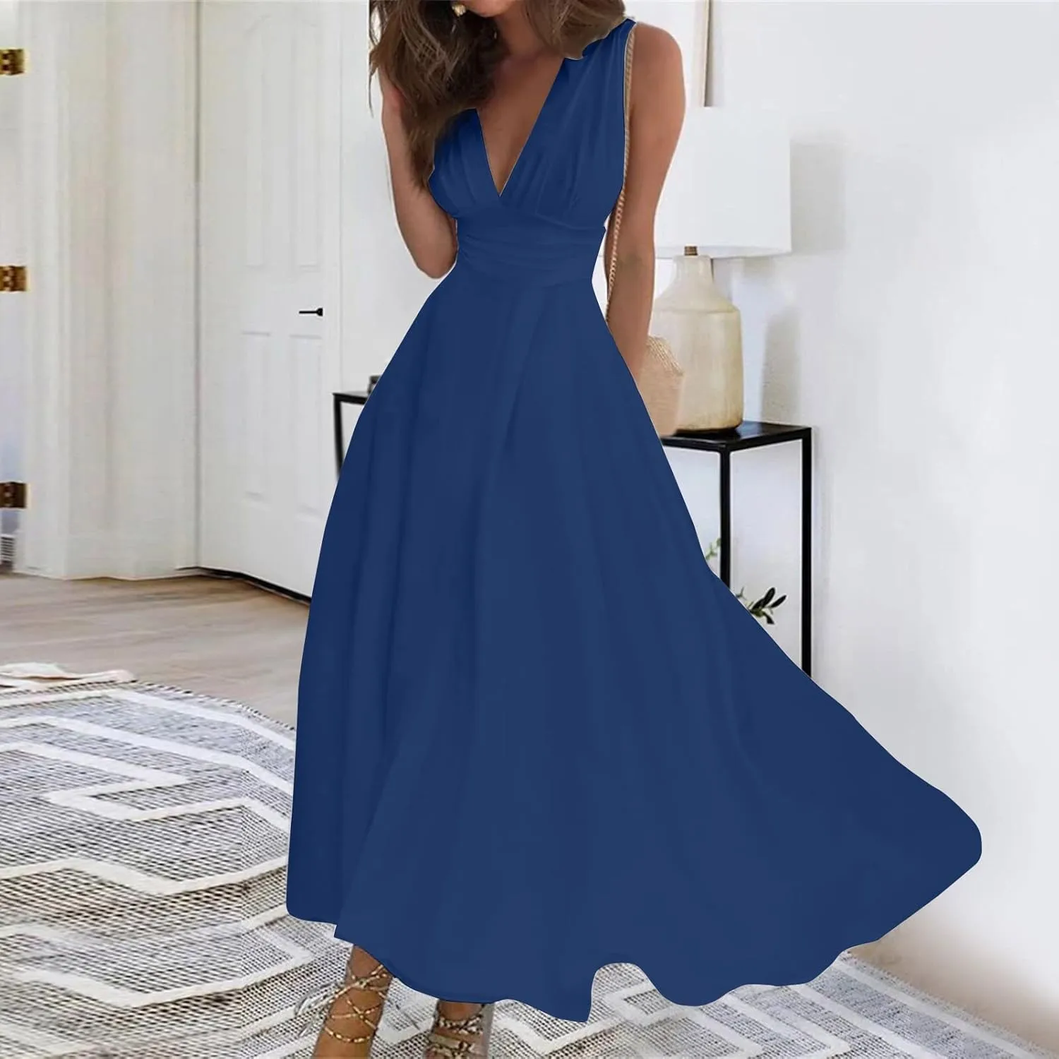 Summer Dresses for Women 2025,Spring Sleeveless Wrap V Neck Maxi Dress Elegant Floral Boho Dress Flowy Beach Sundress