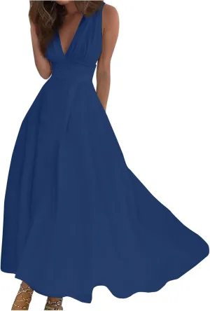 Summer Dresses for Women 2025,Spring Sleeveless Wrap V Neck Maxi Dress Elegant Floral Boho Dress Flowy Beach Sundress