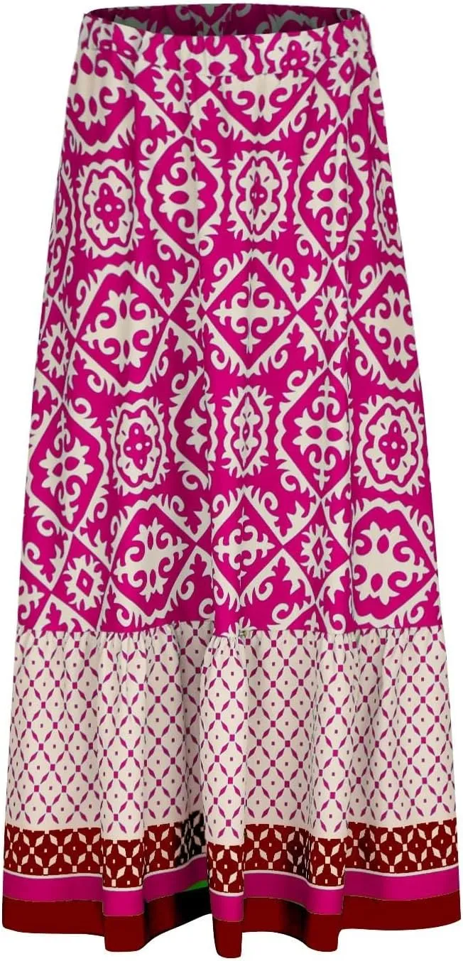 Summer Elegant Maxi Skirt for Women Pleated Beach Long Skirt Vintage Print Casual Vacation Boho High Waist Skirt