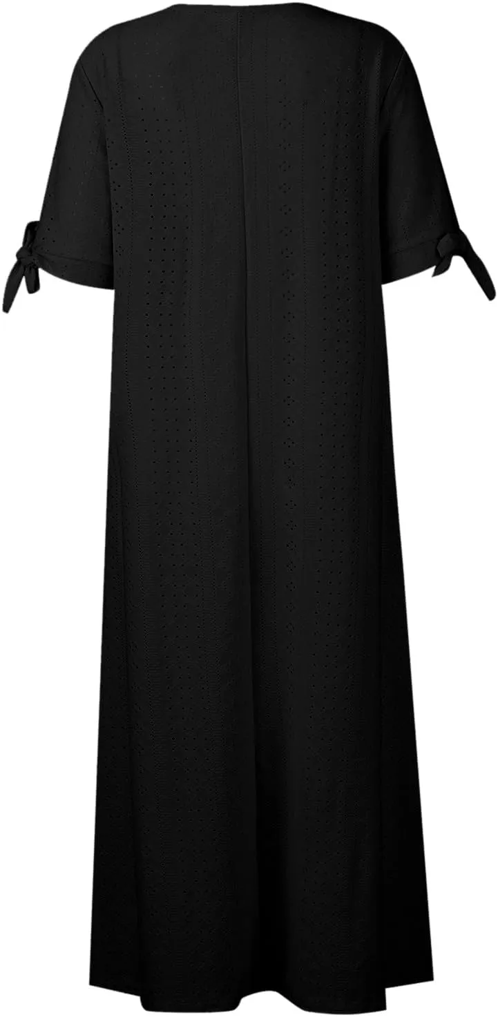 Summer Eyelet Dress for Women V Neck Short Sleeve Maxi Tshirt Dresses Casual Tie Open Front Long Graduation Dress