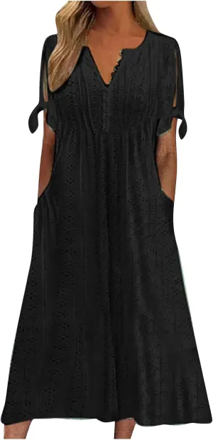 Summer Eyelet Dress for Women V Neck Short Sleeve Maxi Tshirt Dresses Casual Tie Open Front Long Graduation Dress