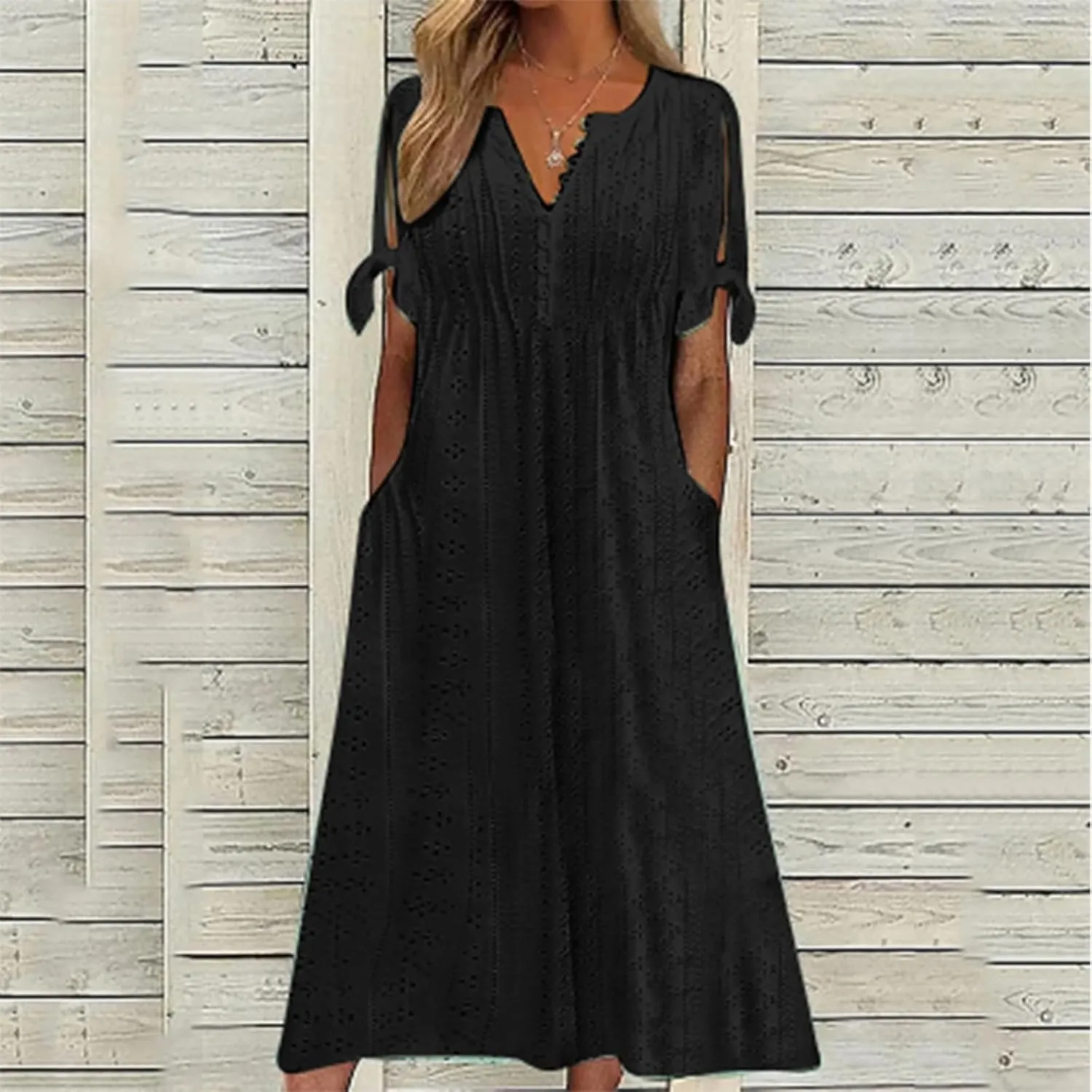 Summer Eyelet Dress for Women V Neck Short Sleeve Maxi Tshirt Dresses Casual Tie Open Front Long Graduation Dress