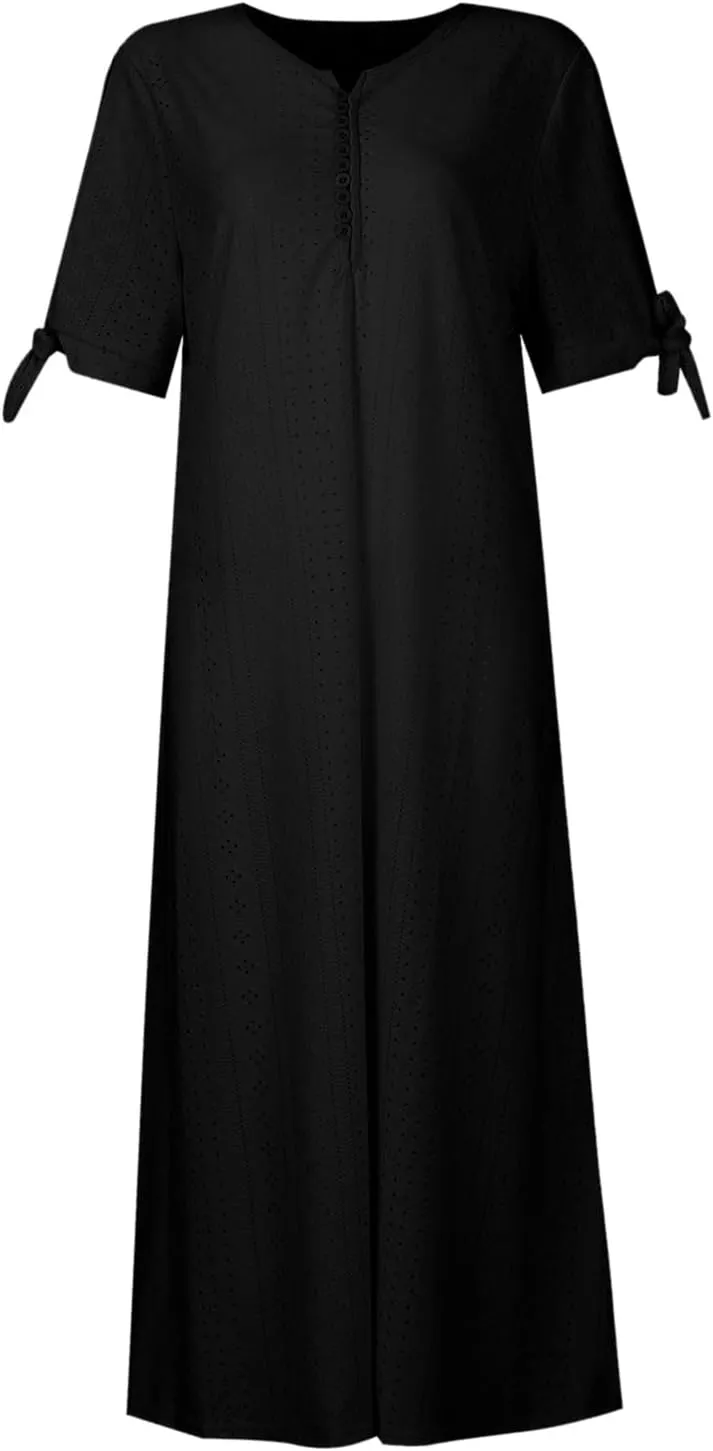 Summer Eyelet Dress for Women V Neck Short Sleeve Maxi Tshirt Dresses Casual Tie Open Front Long Graduation Dress