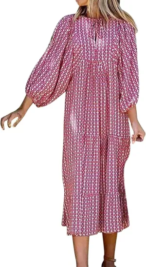 Summer Floral Print Dresses for Women Bubble 3/4 Sleeve V Neck Maxi Boho Dress Flowy Swing A-Line Beach Dresses