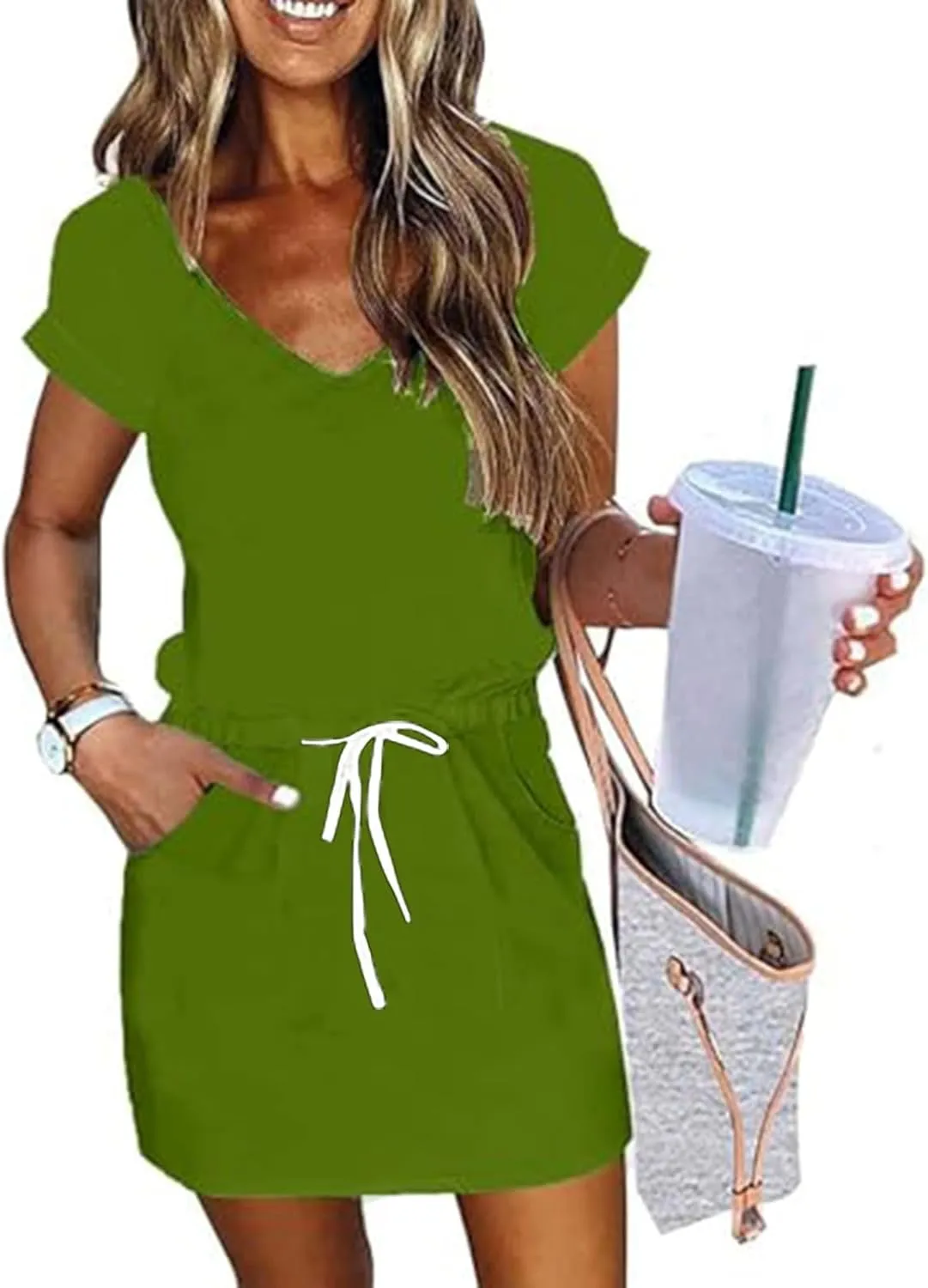 Summer Midi Dress for Women Waist Drawstring Short Sleeve V Neck A Line Loose Casual Short Sundress with Pockets 2025