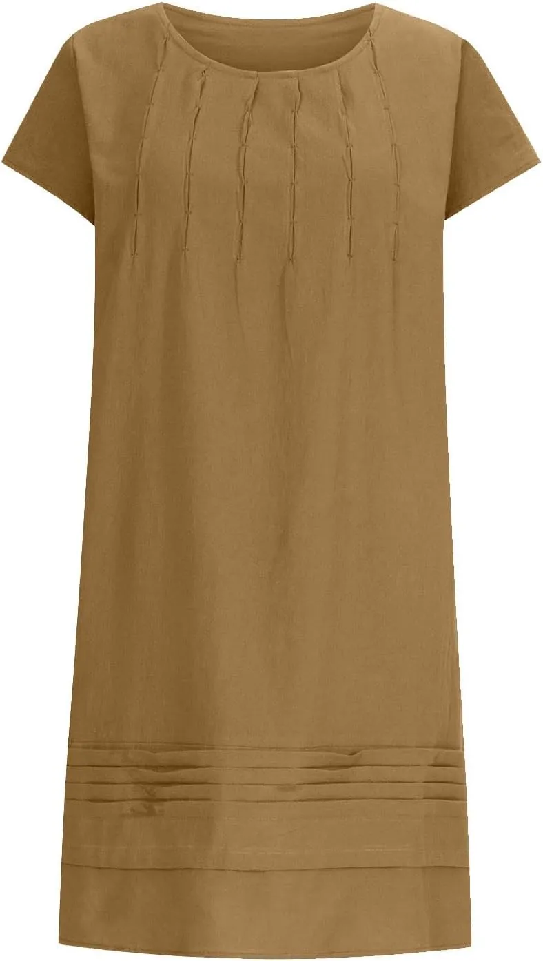Summer Midi Dresses for Women 2025 Short Sleeve Pleated Sundress Beach Trendy Casual Cotton Linen Solid Dresses