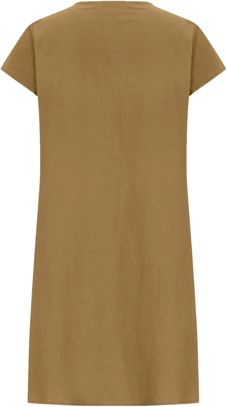 Summer Midi Dresses for Women 2025 Short Sleeve Pleated Sundress Beach Trendy Casual Cotton Linen Solid Dresses